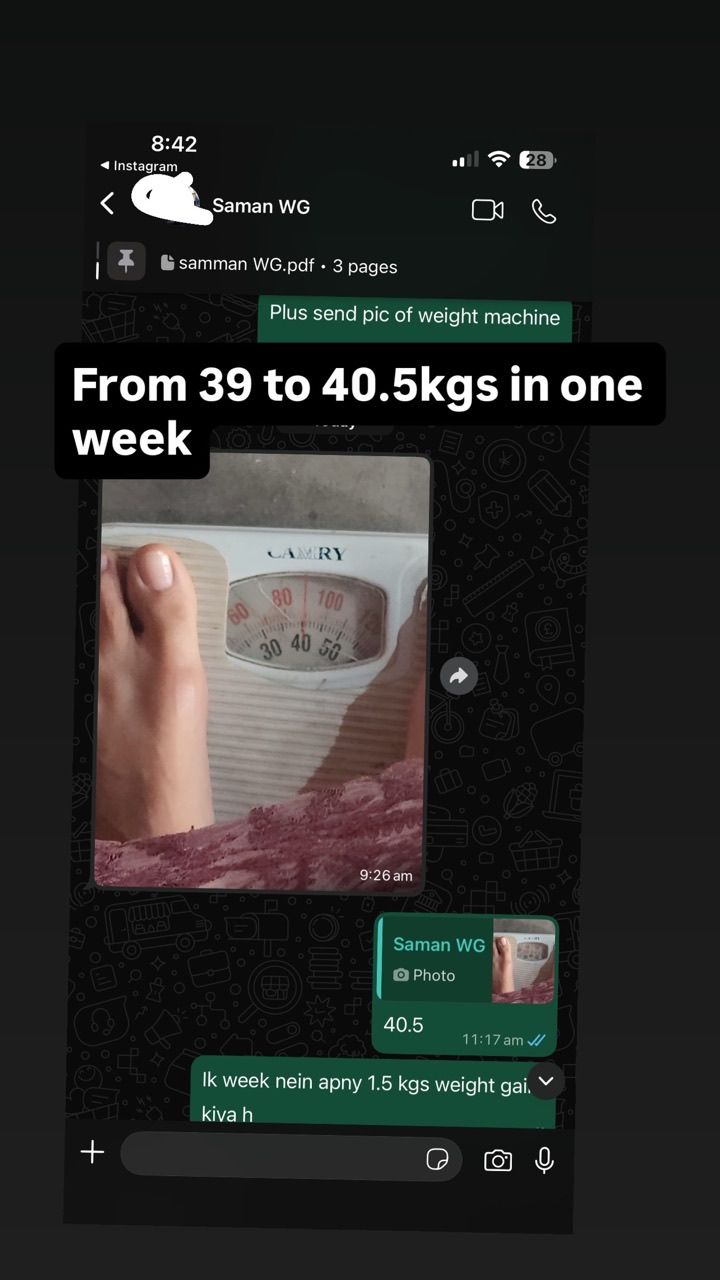 A chat with Saman, a weight-gain client, recording a rise from 39kg to 40.5kg in one week